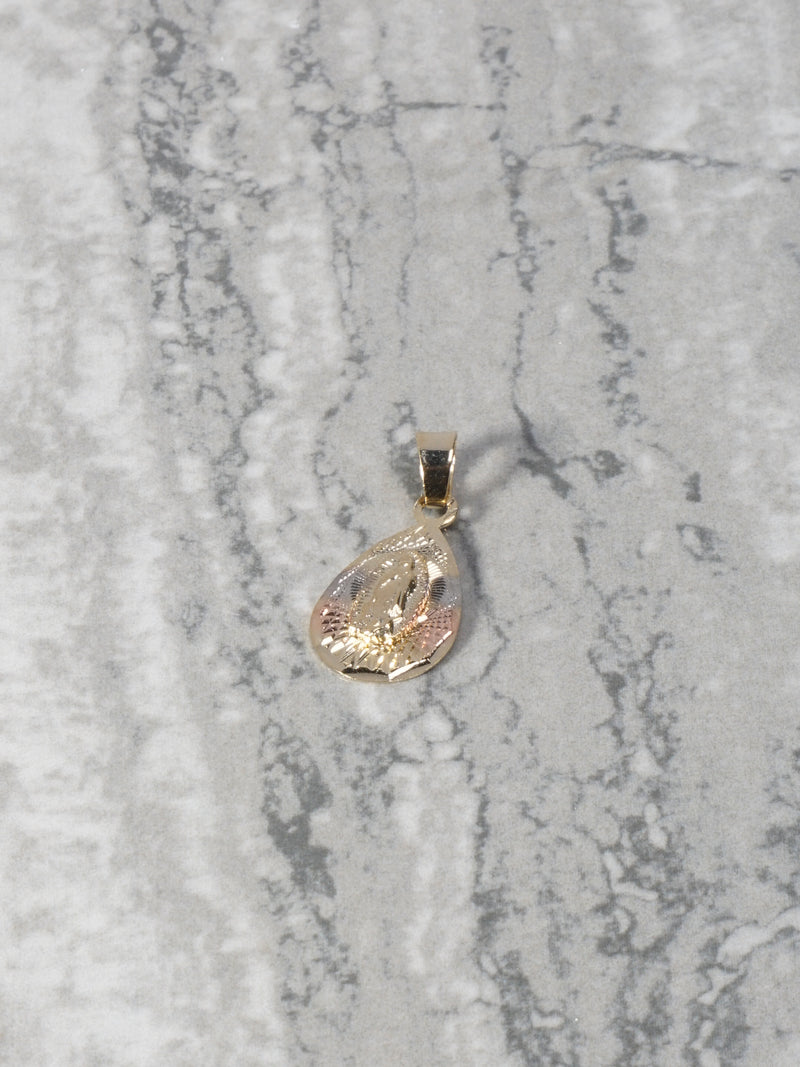 14K Gold Bonded Tri Gold Tear Drop Virgin Mary Diamond Cut Small Pendant